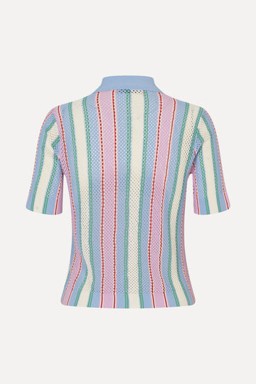 Stine Goya Short Sleeve Crochet Polo Knit Pastel Stripes