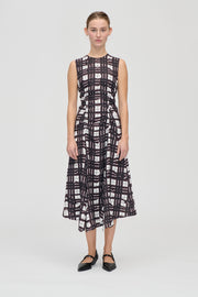 Stine Goya Sleeveless Gathered Midi Dress Dress Checkered Wave Burgundy