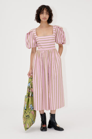 Stine Goya Blouson Sleeve Midi Dress Dress Wallpaper Stripes