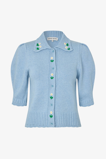Stine Goya Bobble Knit Polo Cardigan Knit Rose Applique