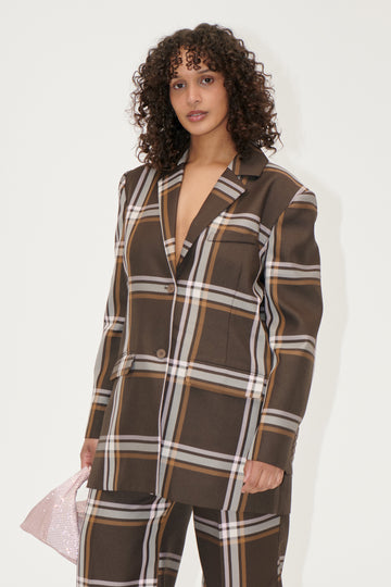 Stine Goya Long Sleeve Boxy Blazer Jacket Weaved Checks