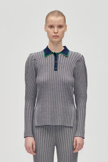 Stine Goya Long Sleeve Knit Polo Knit Soft Striped Rib