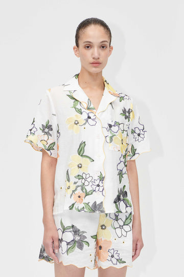Stine Goya Scalloped Short Sleeve Shirt Top Wild Flowers Embroidery