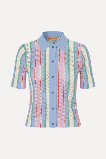 Stine Goya Short Sleeve Crochet Polo Knit Pastel Stripes
