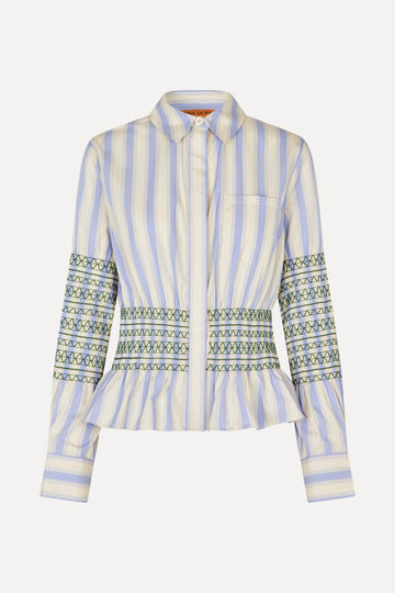 Stine Goya Smocked Gathered Boyfriend Shirt Top Pastel Stripes